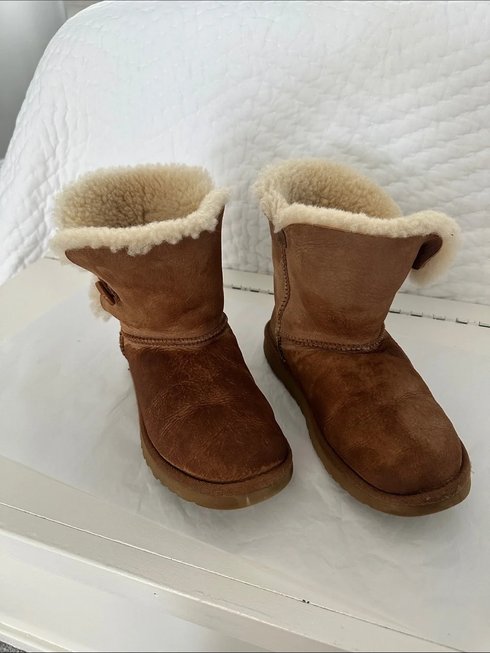 UGG Chestnut Suede Kids Button-Accent Boots with Cream Shearling
